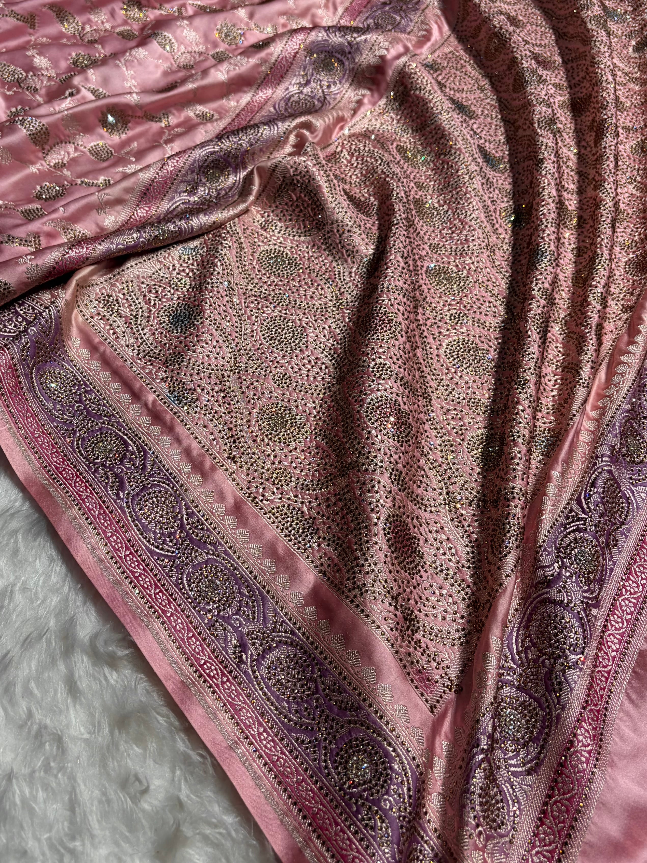 Baby Pink Shades In Banarasi Swarovski Work Jaal Mashru Silk Saree BMS42