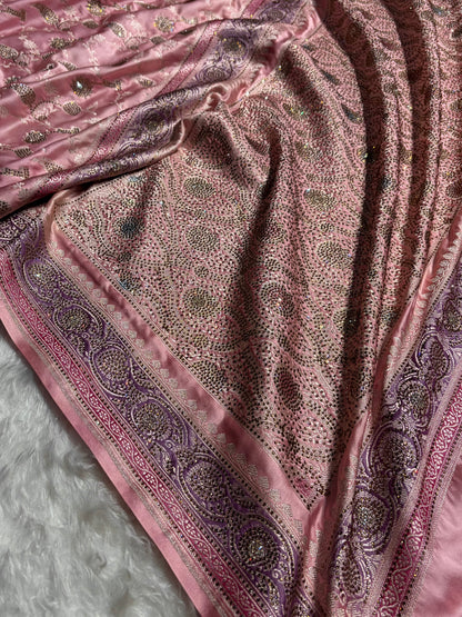Baby Pink Shades In Banarasi Swarovski Work Jaal Mashru Silk Saree BMS42