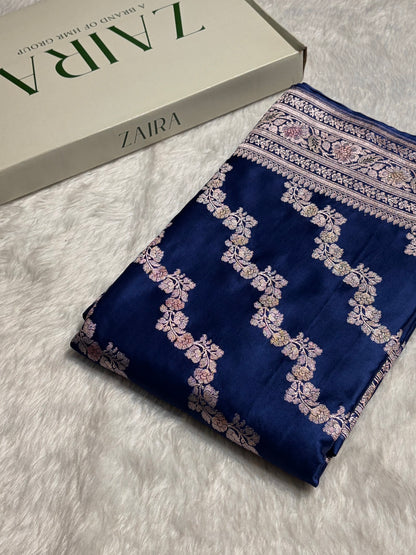 Royal Blue Shades Banarasi Minakari Mashru Silk Saree With Cross Pattern MS02