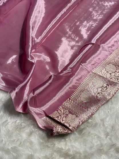 Onion Pink Shade With Contrast Border Crepe Silky Katan Banarasi Saree CSK-04