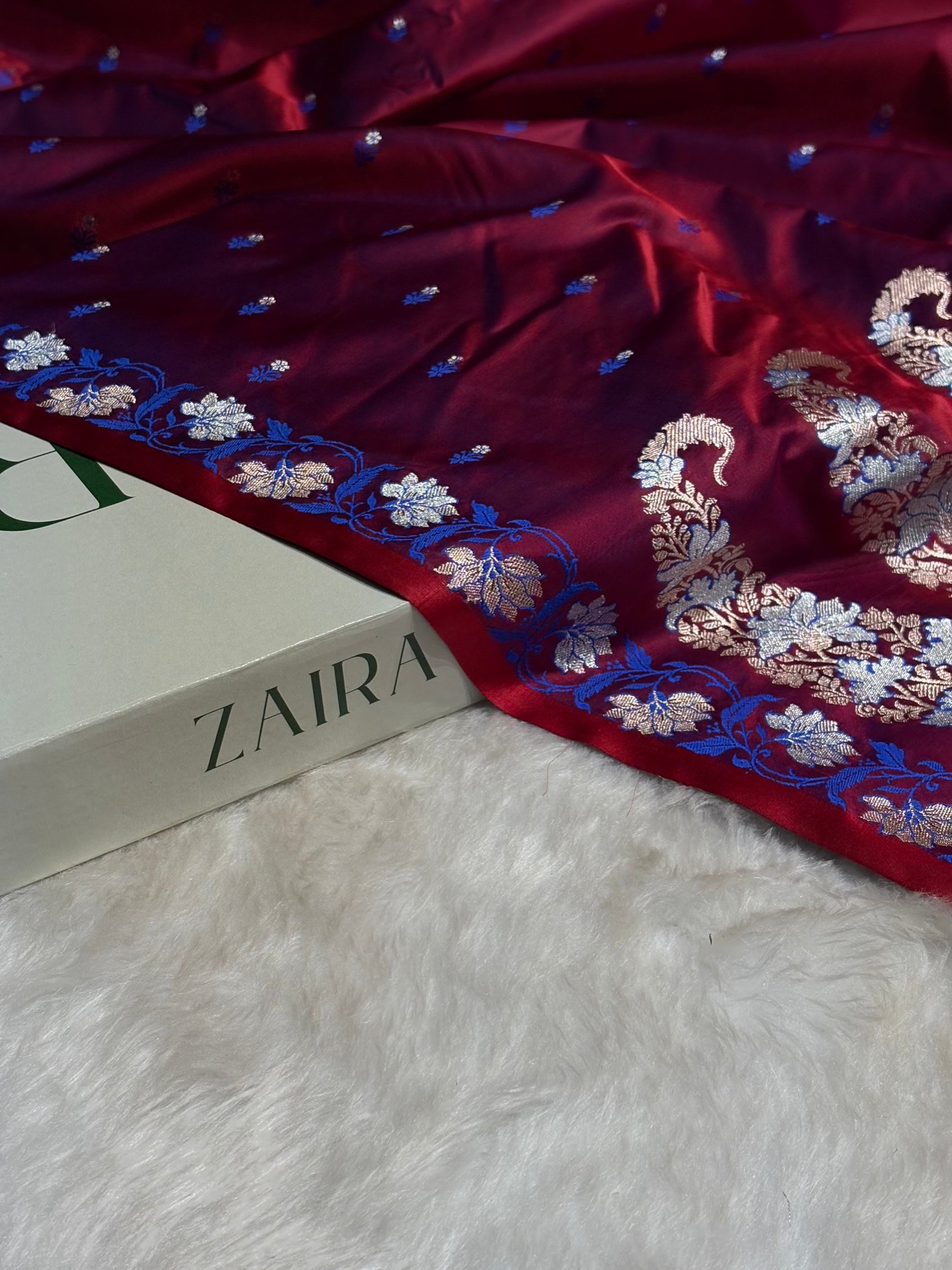 Reddish Navy Blue Floral Boota With Floral Border Mashru Silk Saree MSM 78