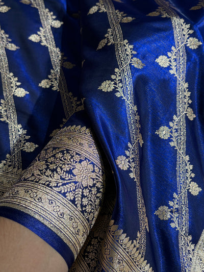 Royal Blue Shades Cross Pattern Banarasi Satin Silk Saree SS50