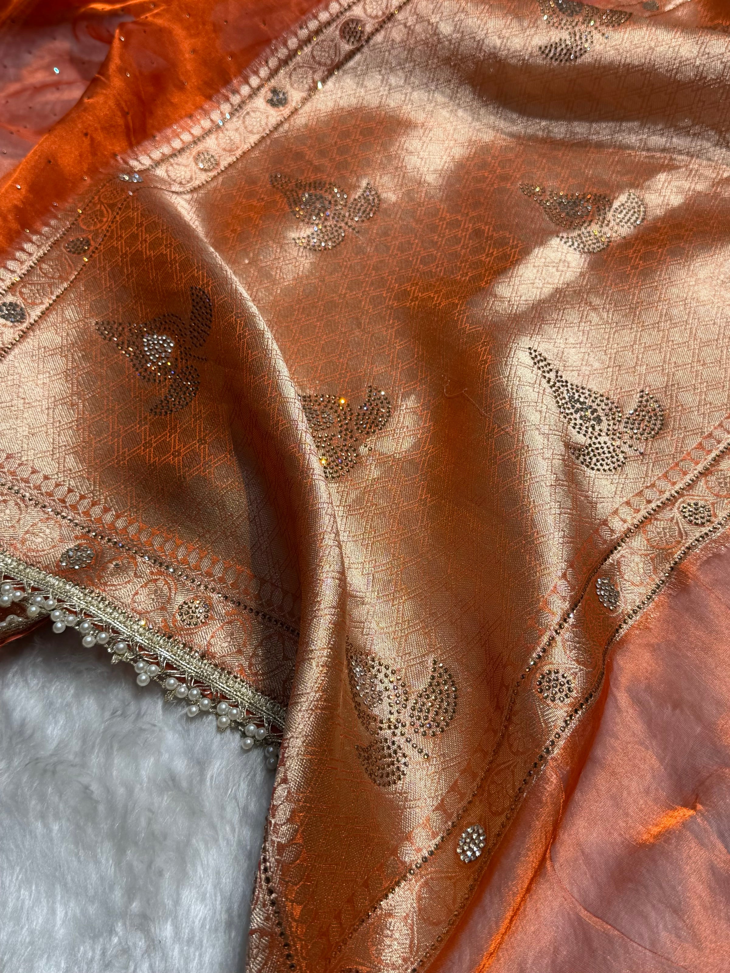 Orange Shades Pure Tissue Silk With Banarasi Swarovski Work Saree with Brocade Blouse BPGPT-09