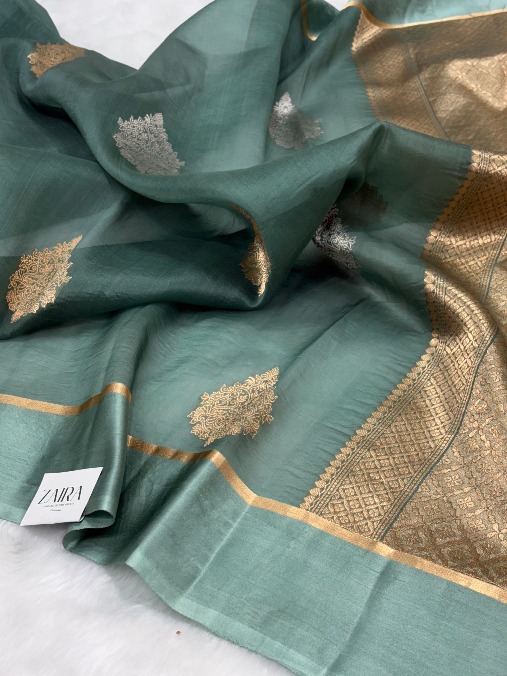 Pure Organza With Raw Mango Border Mouse Gray Shades Banarasi Silk Saree PO-03