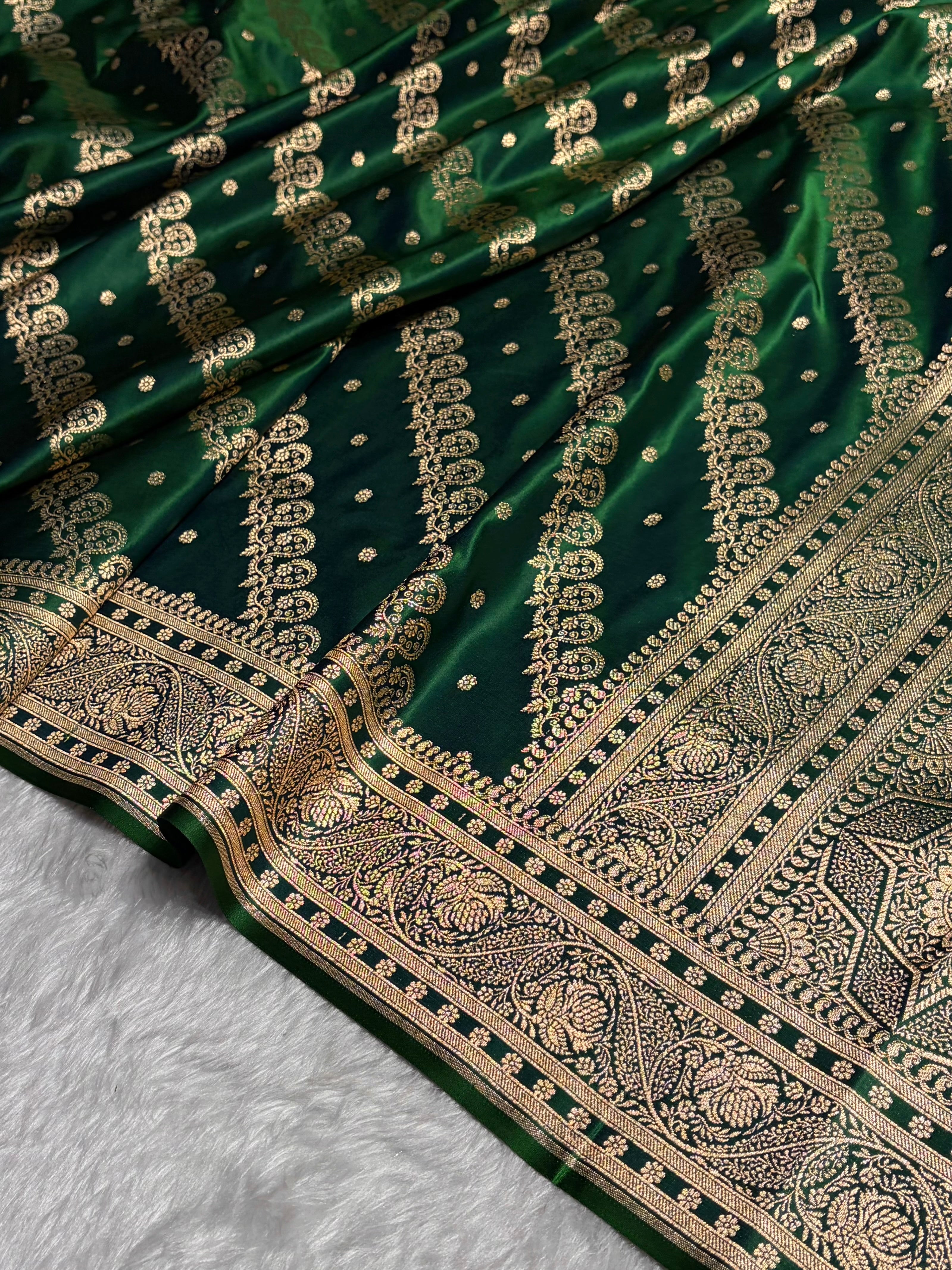 Cross Green Shades Cross Floral Pattern Satin Katan Silk Saree SK79