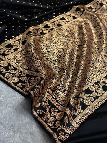 Banarasi Satin Katan Saree With Boota in Black Shades SK107