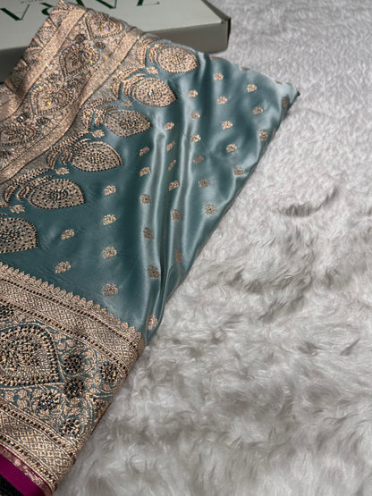 Turquoise Swarovski Work Booti Satin Katan Silk Saree BSK10 (W)