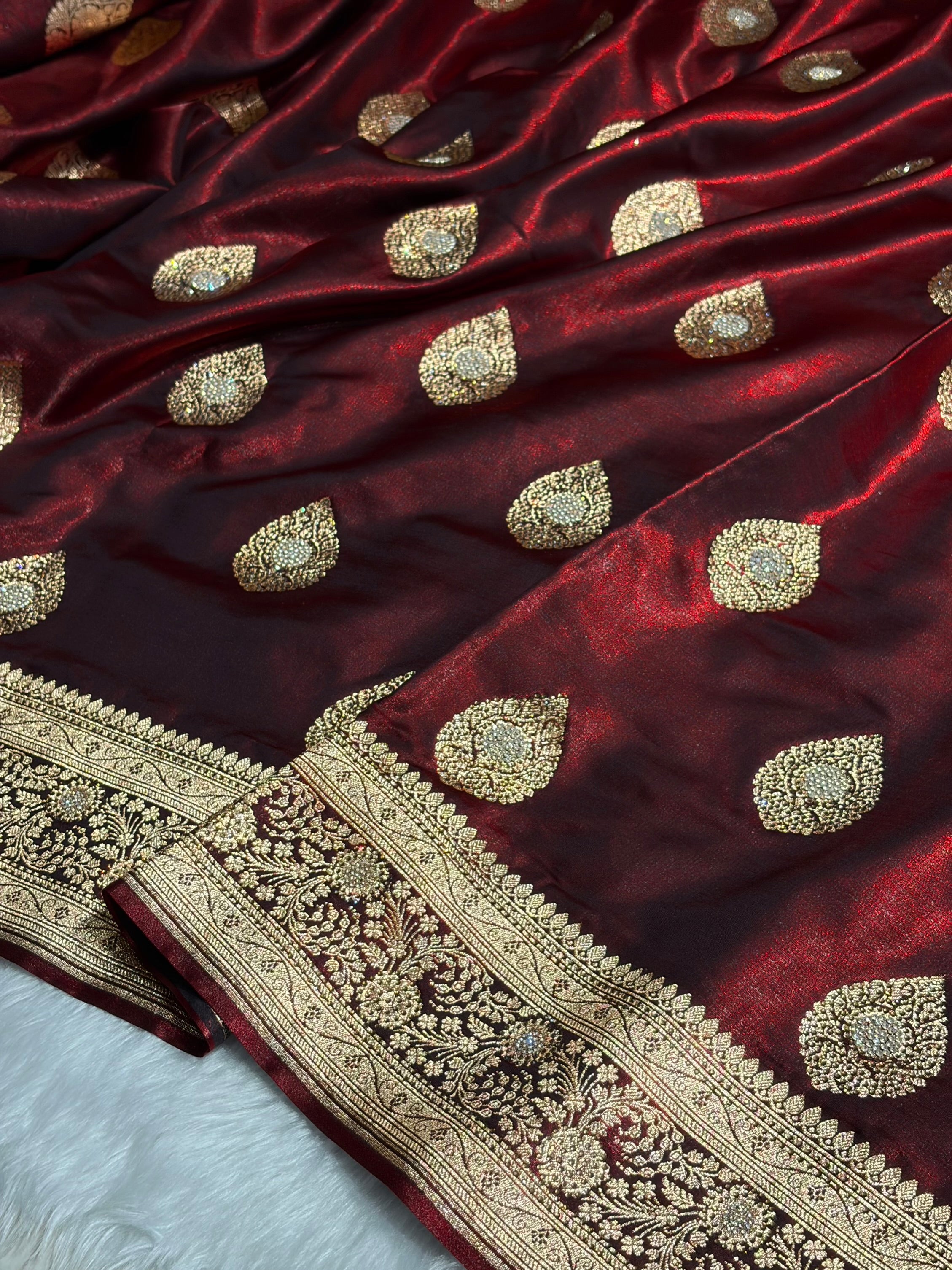 Maroon Shades Banarsi Satin Silk Boota with Stone Work BSS05