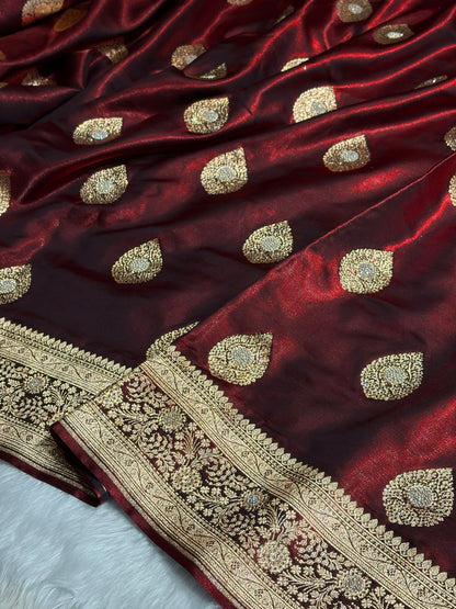 Maroon Shades Banarsi Satin Silk Boota with Stone Work BSS05