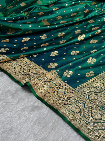 Cross Green Floral Unique Boota Pattern Satin Katan Silk Saree SK73