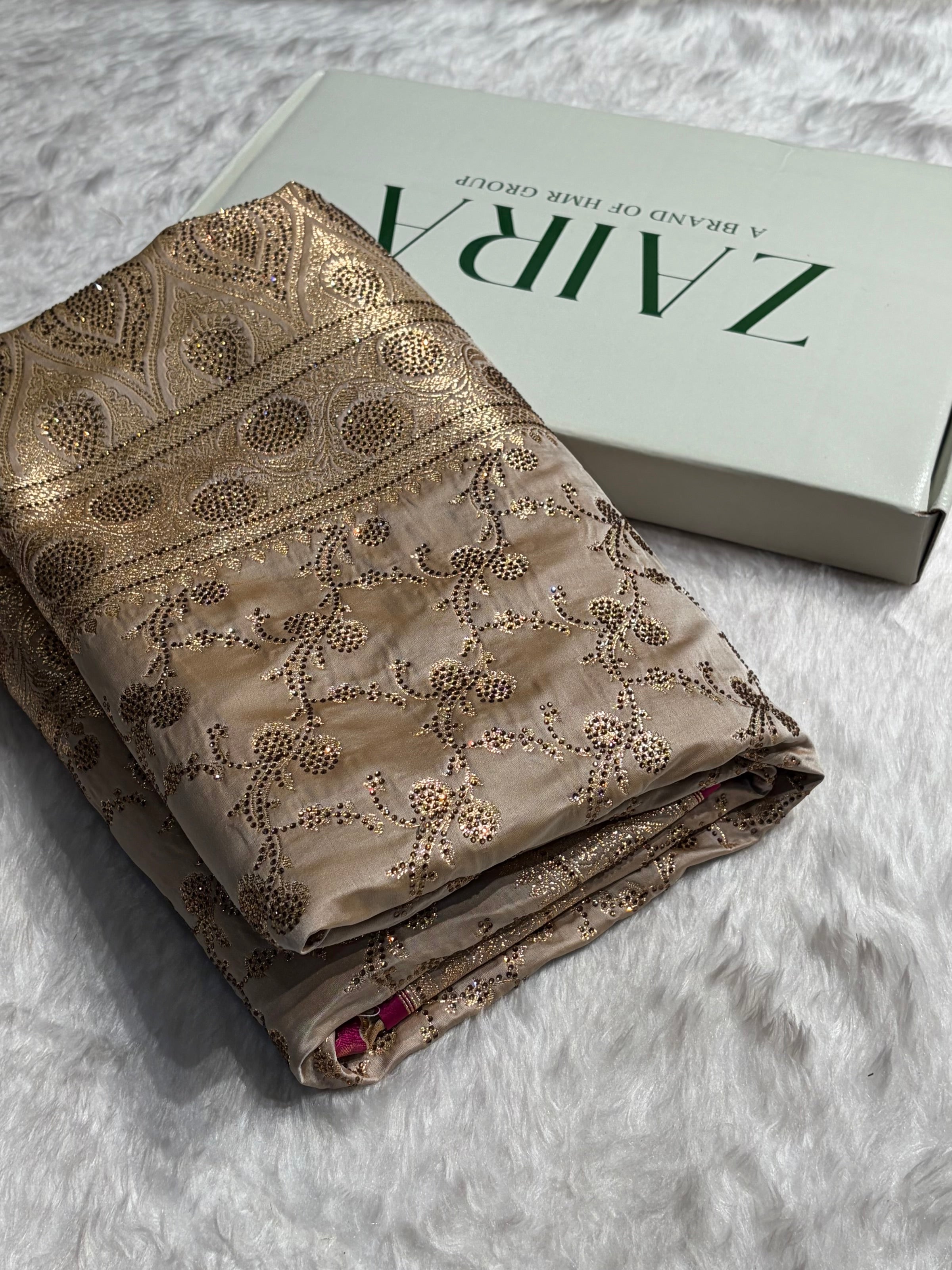 Beige Shades Cross With Swarovski Work Satin Katan Silk Saree BSK17