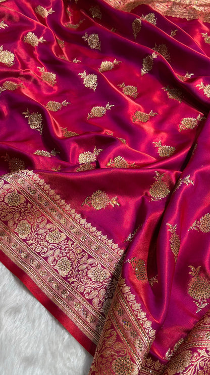 Satin Silk Saree Swarovski Work Floral Boota in Reddish Magenta Shades BSS26