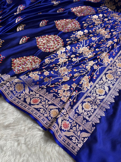 Royal Blue Shades Banarasi Boota Pattern Minakari Floral Mashru Silk Saree MSM-121