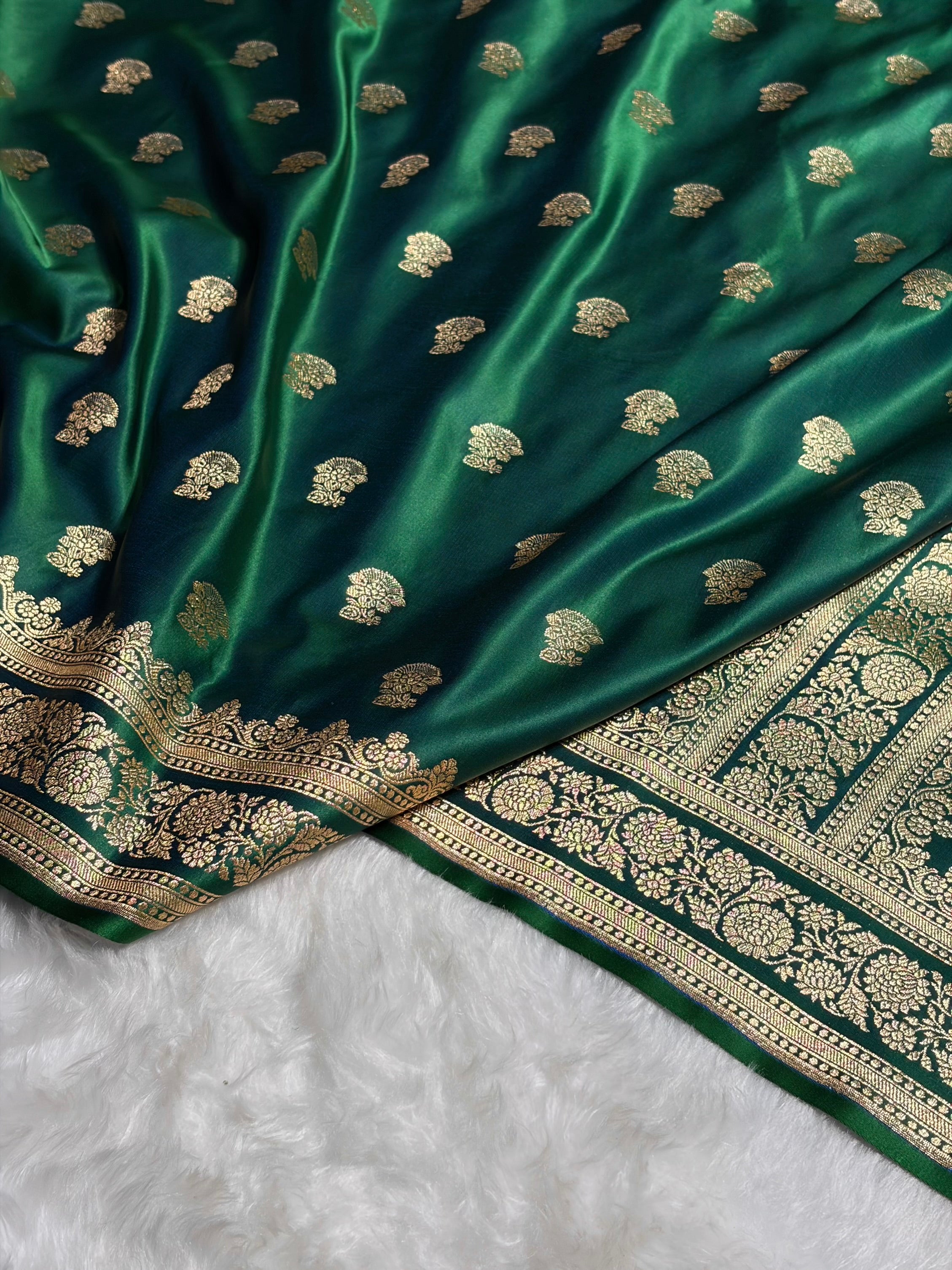 Cross Green Booti Pattern Satin Katan Silk Saree SK49