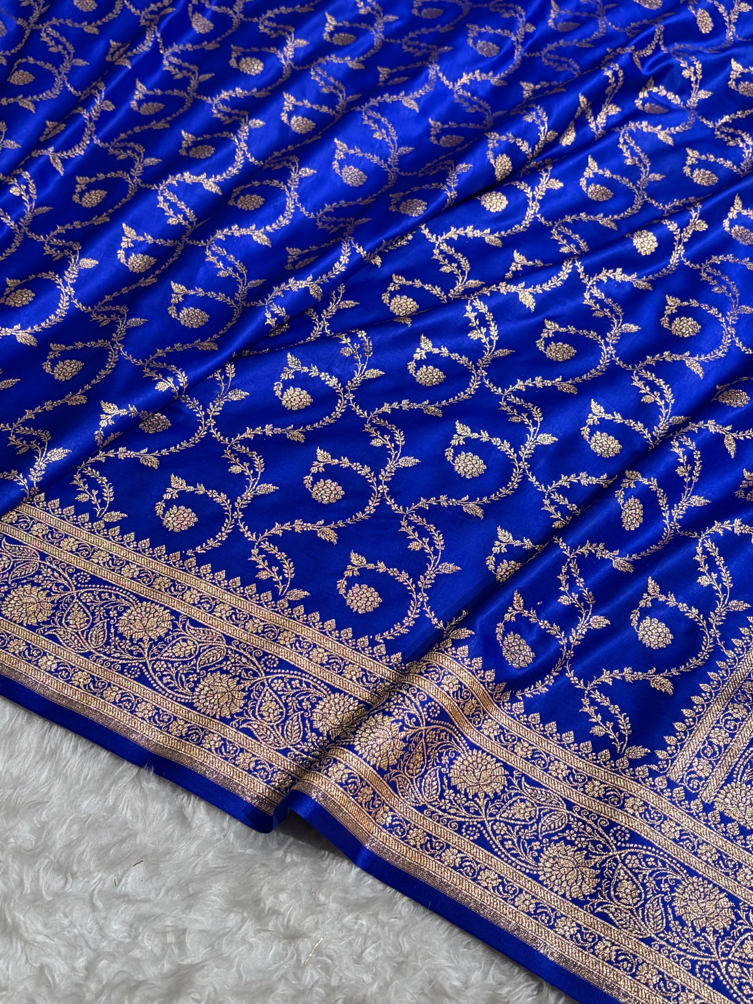 Royal Blue Shades Floral Jaal Pattern Satin Katan Silk saree SK55