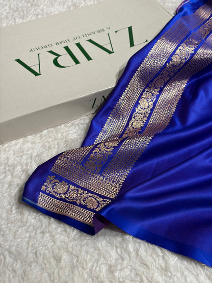 Banarasi Satin Katan Saree With Booti Pattern in Royal Blue Shades SK125
