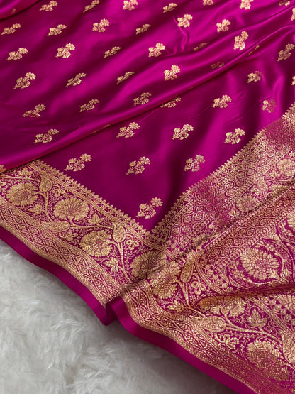 Banarasi Magenta Unique Boota Pattern Satin Katan Silk Saree SK68
