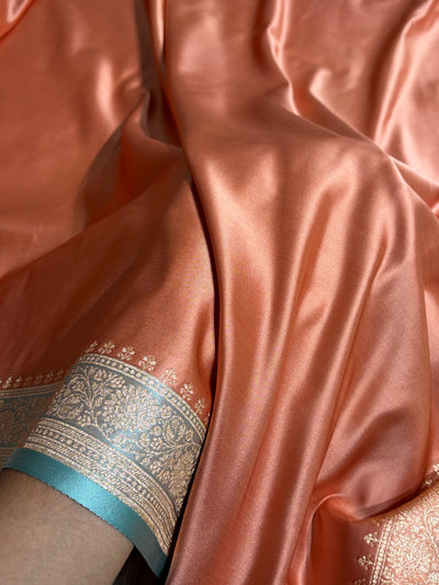Banarasi Satin Katan Saree in Contrast Dusty Peach and Turquoise Shades SK131