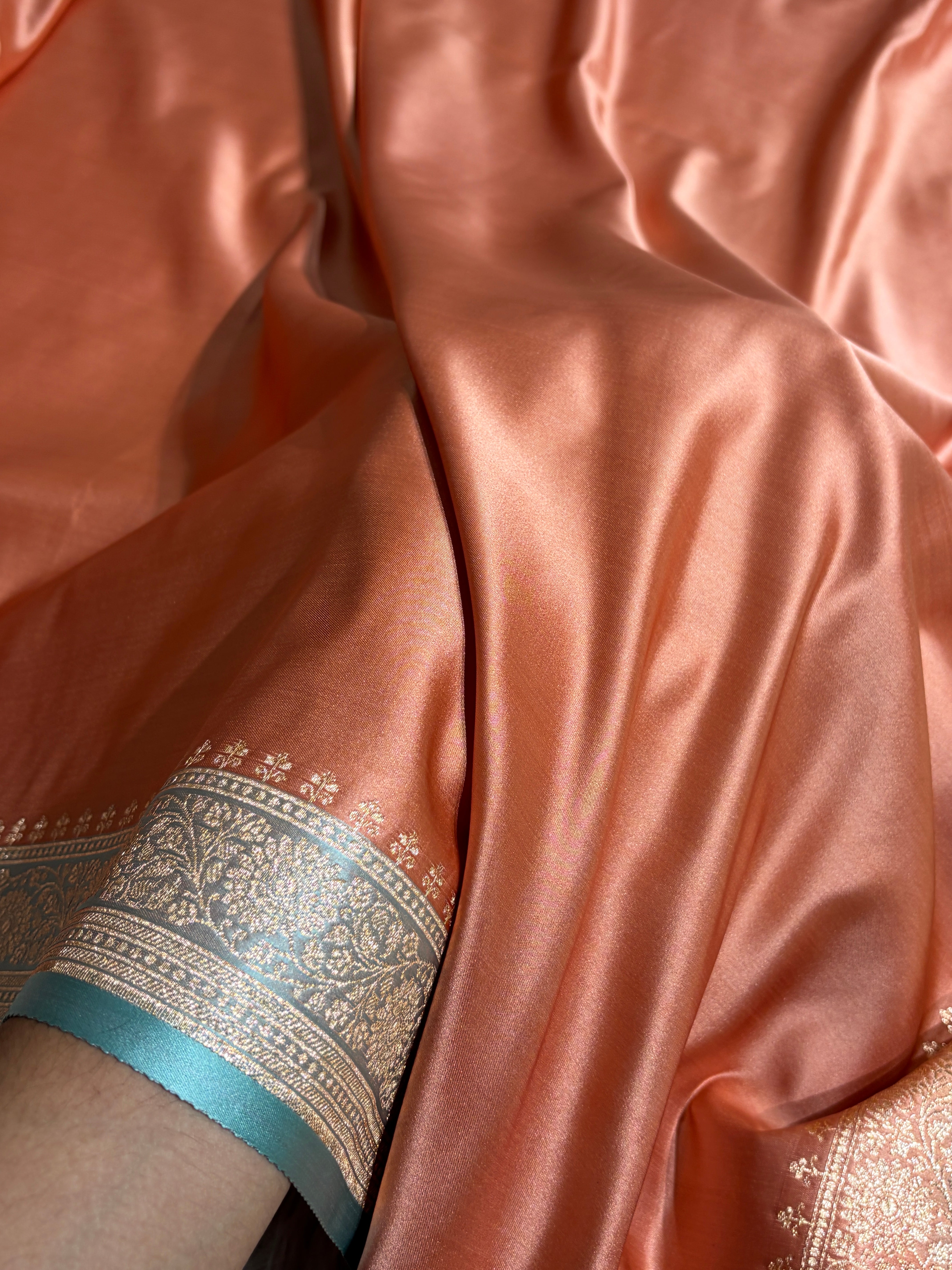 Banarasi Satin Katan Saree in Contrast Dusty Peach and Turquoise Shades SK131