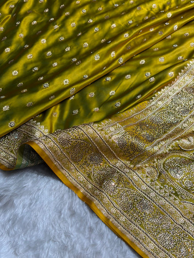 Banarasi Mahndi Booti Pattern With Ari Zardozi Stone Work Satin Katan Silk Saree BSK53