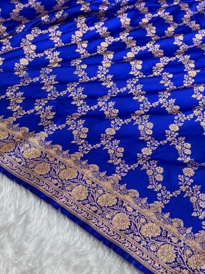 Banarasi Royal Blue Shade Floral Jaal Pattern Satin Katan Silk Saree SK43