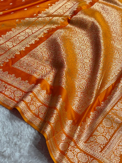 Orange Gold Shades Booti Pattern Satin Katan Silk Saree SK51