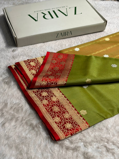 Contrast Banarasi Pure Organza Pista Green With Red Floral Banarasi Silk Saree PO-10