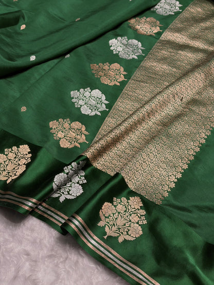Bottle Green Shade Handwoven Kaduwa Pure Katan Raw Mango Silk RM-01
