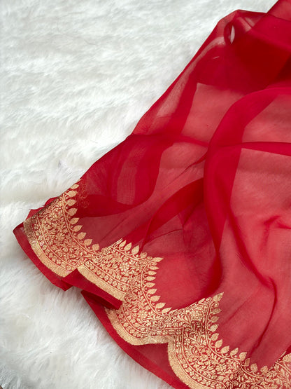 Banarasi Pure Organza Red Shades With Scallop Stripe Banarasi Silk Saree PO-33