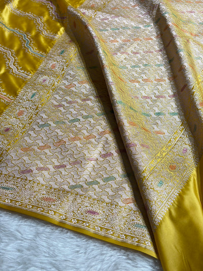 Banarasi Minakari Cross Pattern in Yellow Shades Mashru Silk Saree MCS93