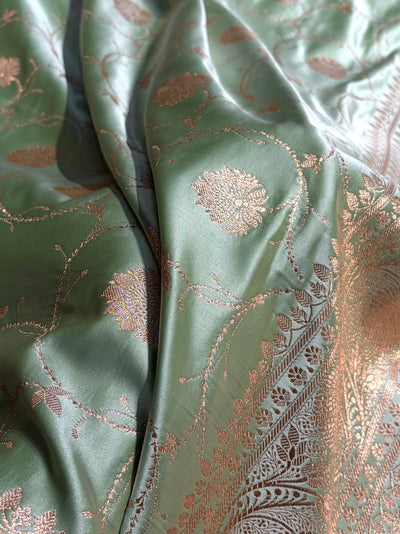Pista Banarasi Jaal Satin Katan Silk Saree SK06
