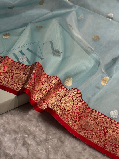 Contrast Pure Banarasi Organza Turquoise With Red Floral Banarasi Silk Saree PO-11