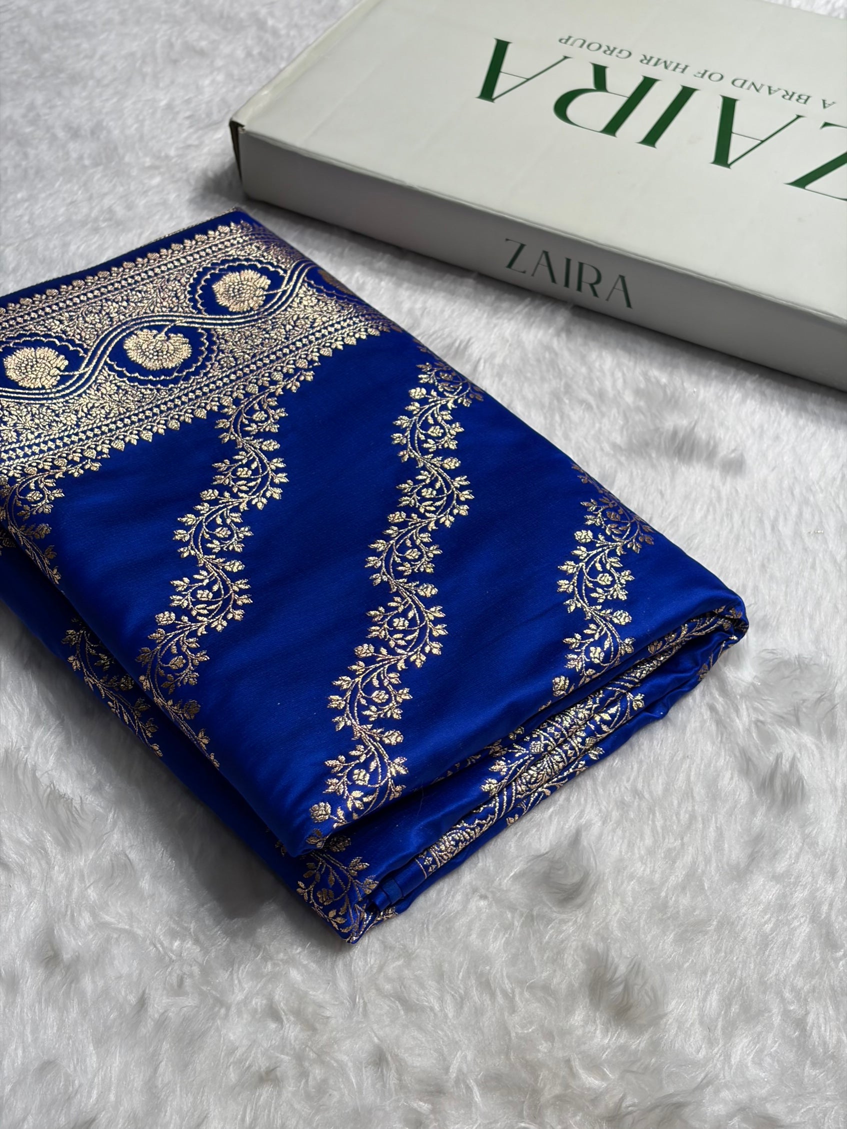 Royal Blue Floral Cross Pattern Satin Katan Silk Saree SK74