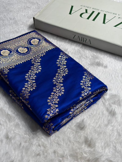 Royal Blue Floral Cross Pattern Satin Katan Silk Saree SK74