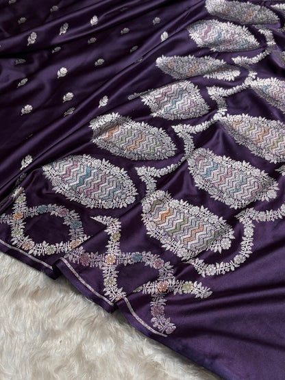 Purple Shades Banarasi Minakari Scallop Floral Booti Mashru Silk Saree MS46