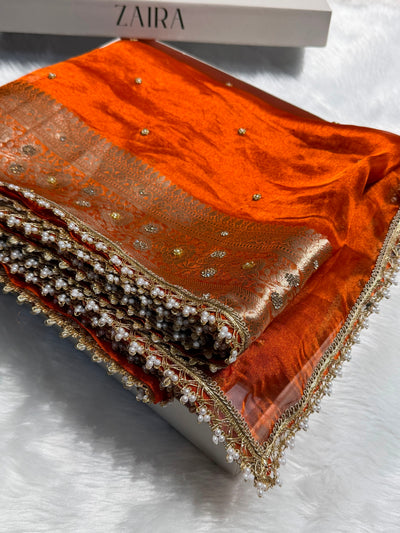Orange Shades Pure Tissue Silk With Banarasi Swarovski Work Saree with Brocade Blouse BPGPT-08