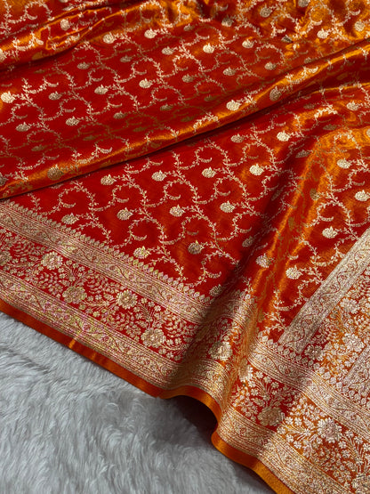 Fire Gold Shades Jaal Pattern Banarasi Satin Silk Saree SS43