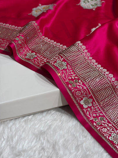 Premium Banarasi Satin Katan Saree Swarovski Work Minakari Booti Pattern in Rani Shades BSK04