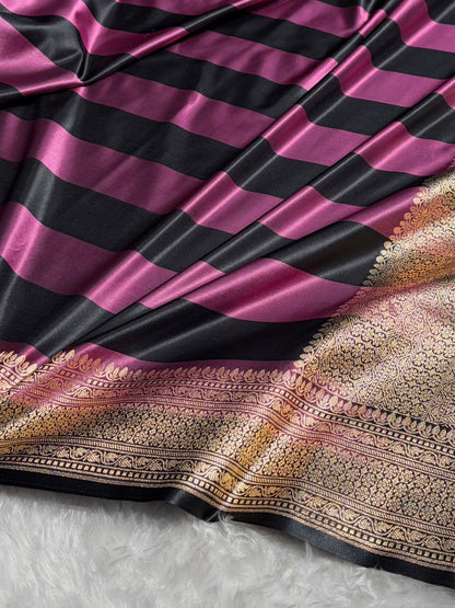 Rani With Black Horizontal Strips Floral Border & Brocket Blouse Mashru Silk Saree MSM-84