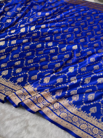 Royal Blue Floral Jaal Pattern Satin Katan Silk saree SK42