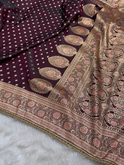 Banarasi Satin Katan Silk Saree In Dark Wine Shades with gotta Patti