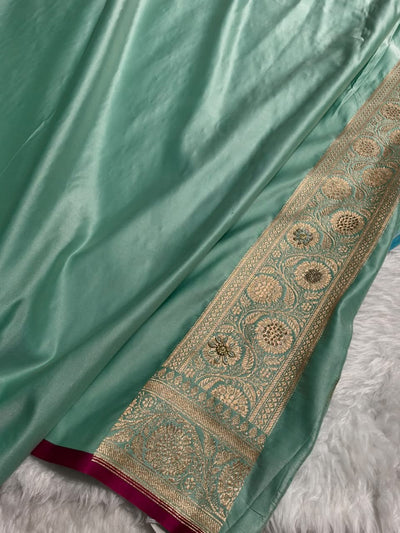 Pastel Sea Green Shades Cross With Swarovski and Zardozi Work Satin Katan Silk Saree BSK17