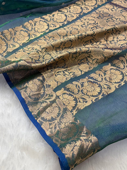Royal Blue Bananasi Floral Shades Pure Tissue Silk Saree PT-42