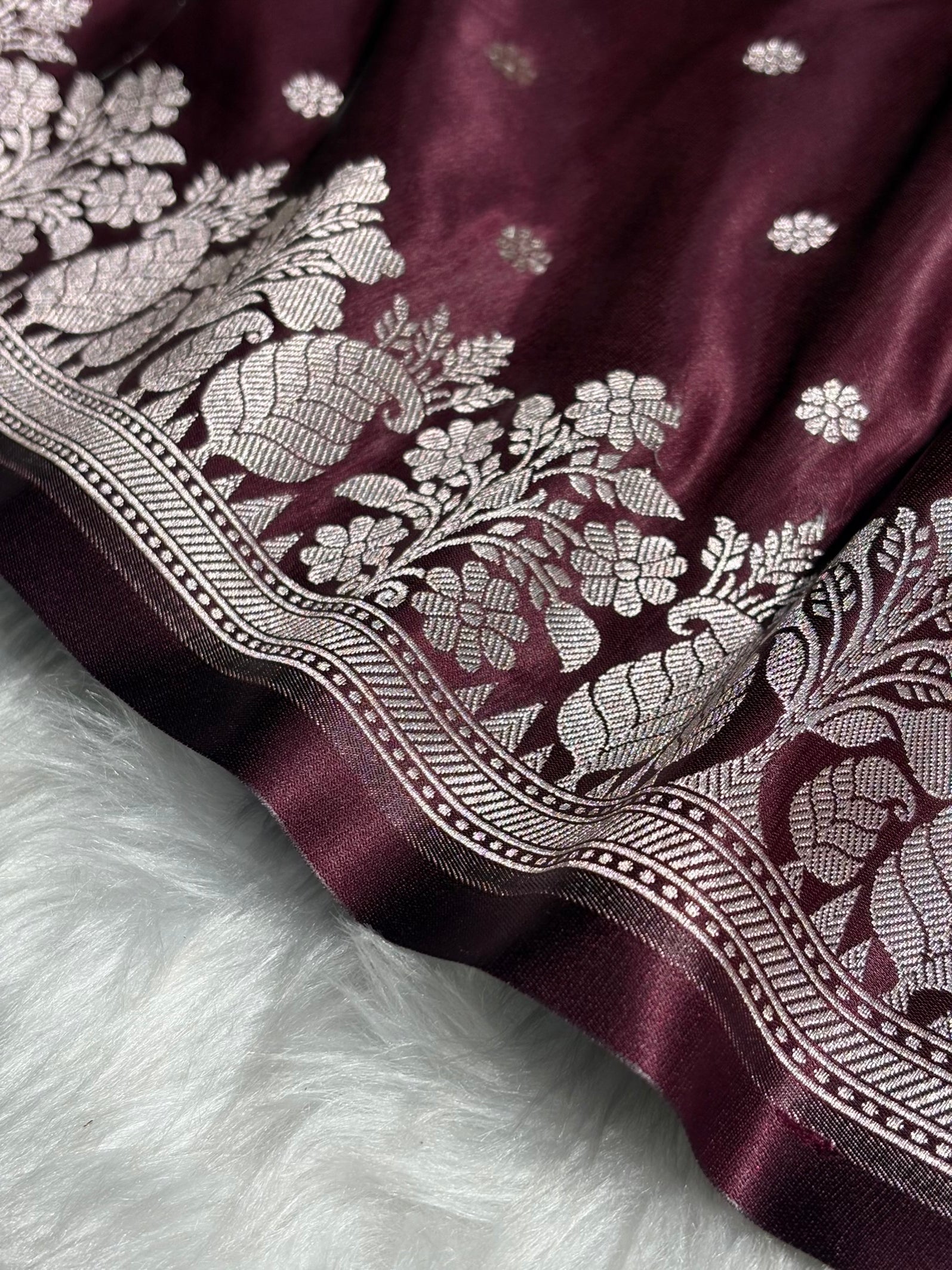 Garnet Shades Floral Boota With Floral Border Mashru Silk Saree MSM 79