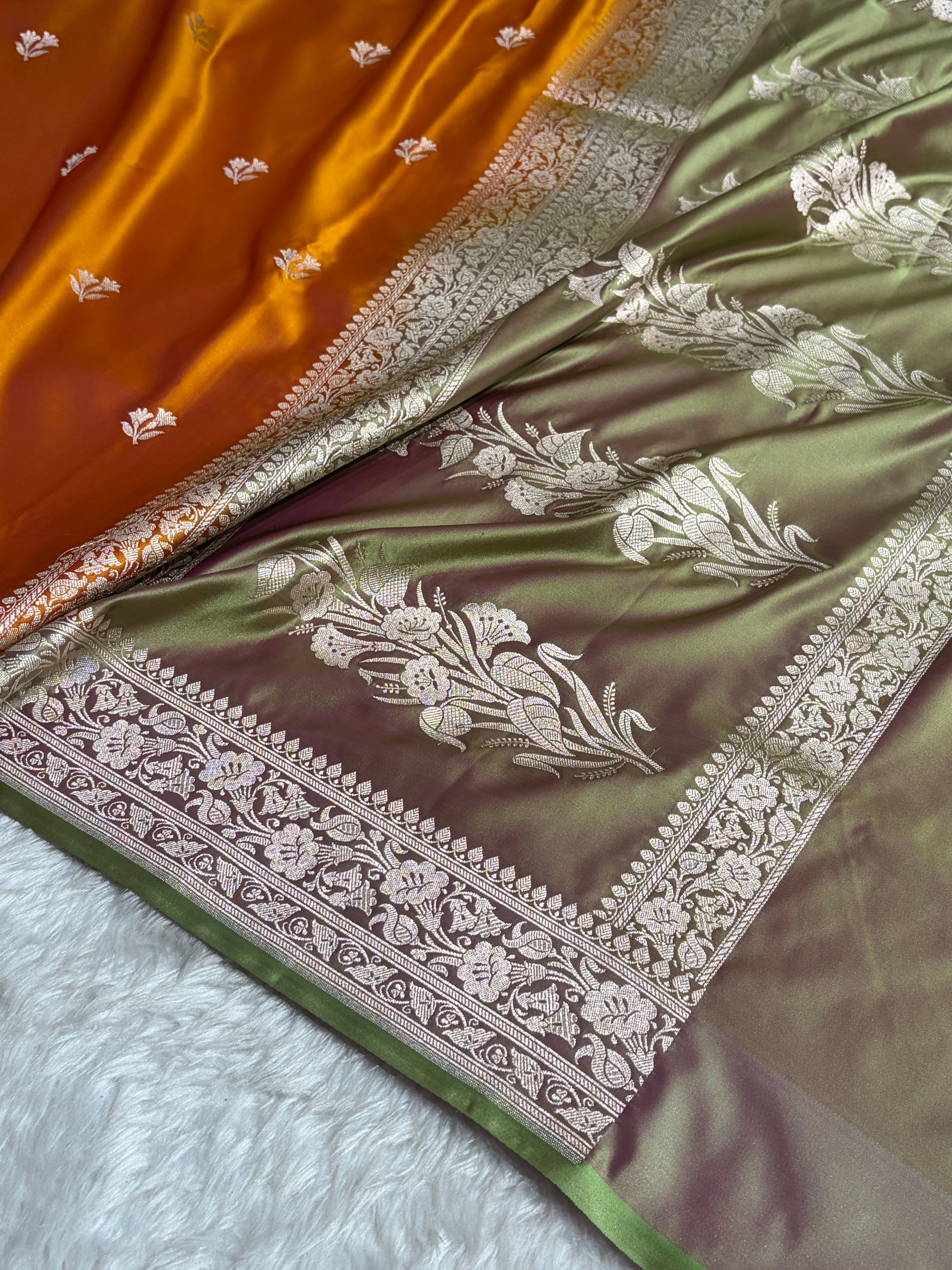 Contrast Orange / Olive Gold Shades Banarasi Booti Pattern Mashru Silk Saree MSM-138
