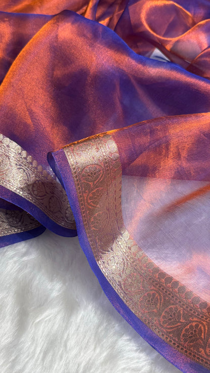 Rustic Royal Blue Shades Pure Tissue Silk Saree with Brocade Blouse PT-09