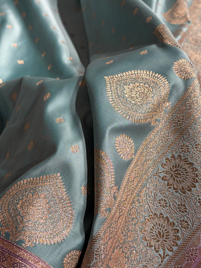 Turquoise with Lavender Booti Satin Katan Silk saree SK29