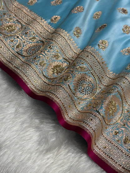 Sky Blue Shades Booti Katan Silk Saree with Stone & Zardozi Work BSK12