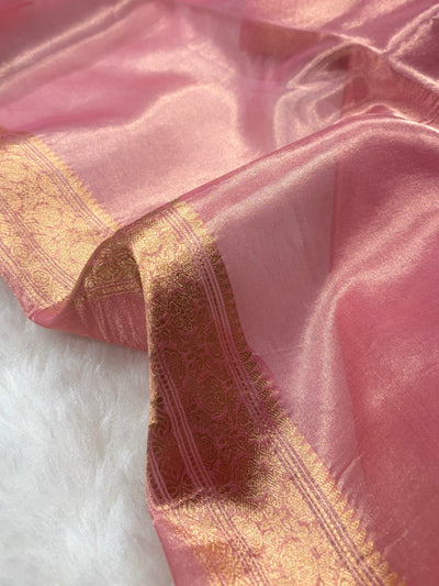 Scallop Baby Pink Floral Shades Pure Tissue Silk Saree PT-48