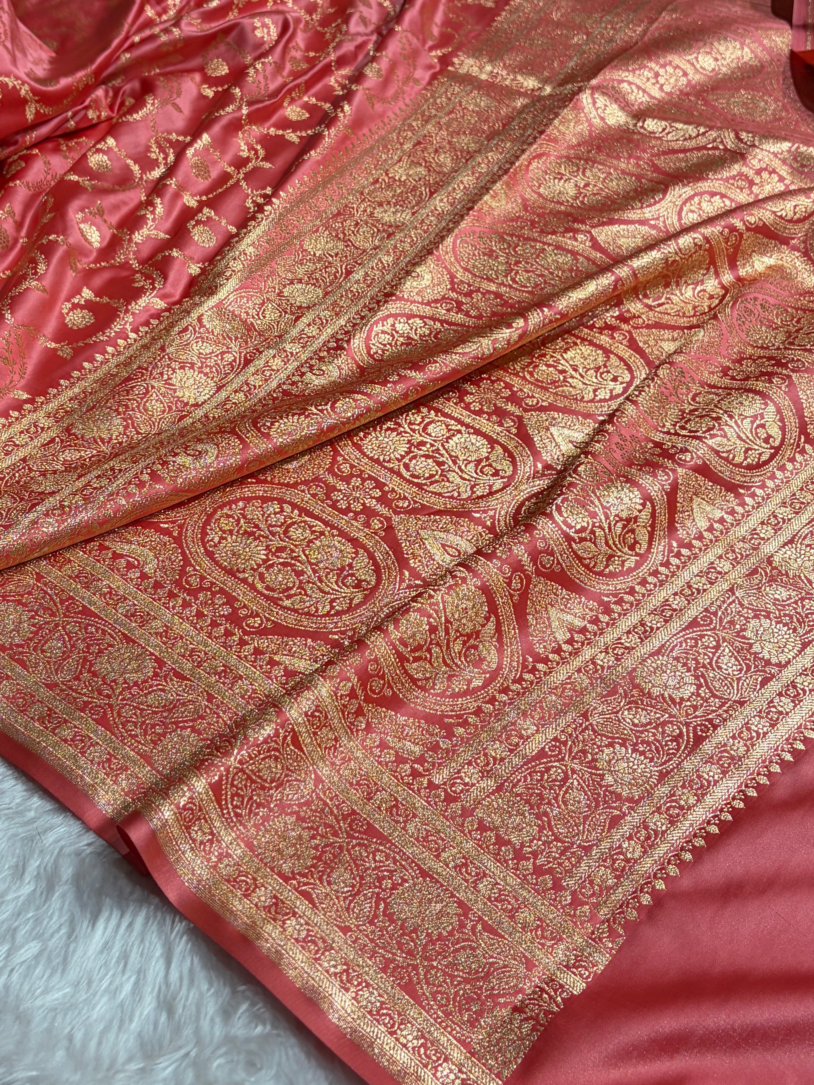 Strawberry Shades Floral Jaal Pattern Satin Katan Silk saree SK55